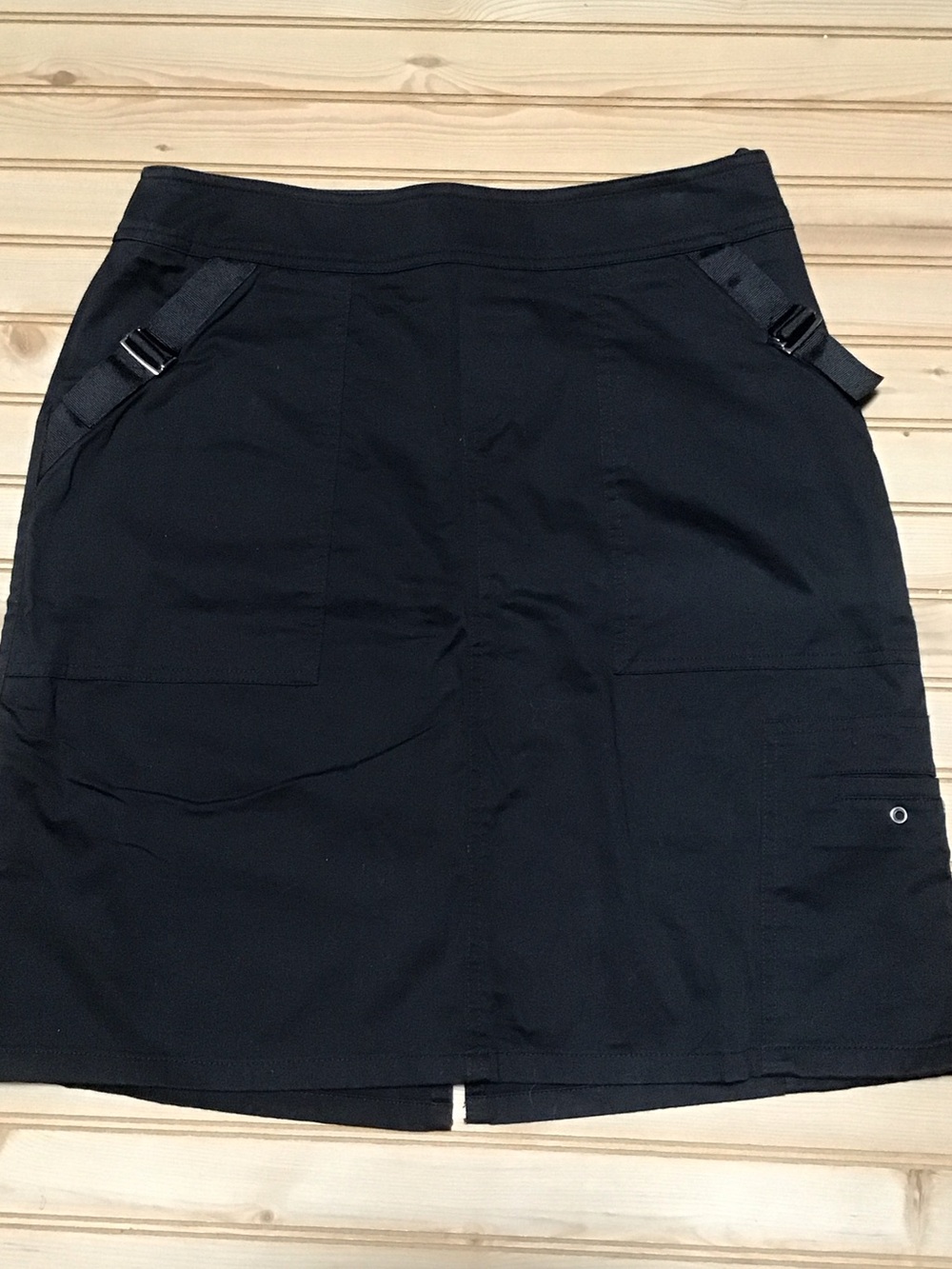 VTG Womyn Black Cargo‎ Sateen Utility Cotton Grosgrain Trim Side Pockets Skirt 8